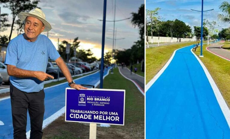 Bocalom posa para fotos no Parque Ipê após pintar pista de caminhada de azul