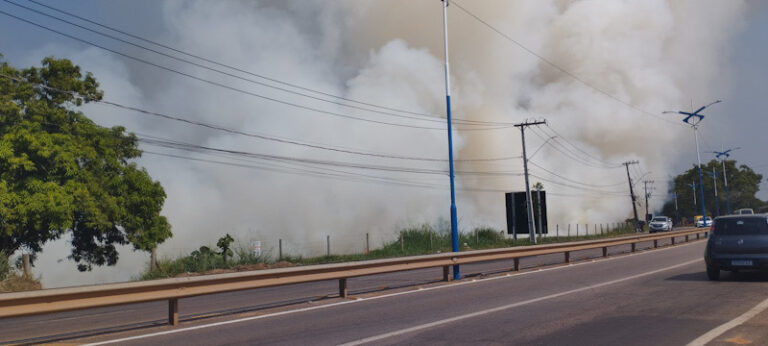 Incêndio de grandes proporções atinge terreno baldio próximo a escola na Estrada da Floresta