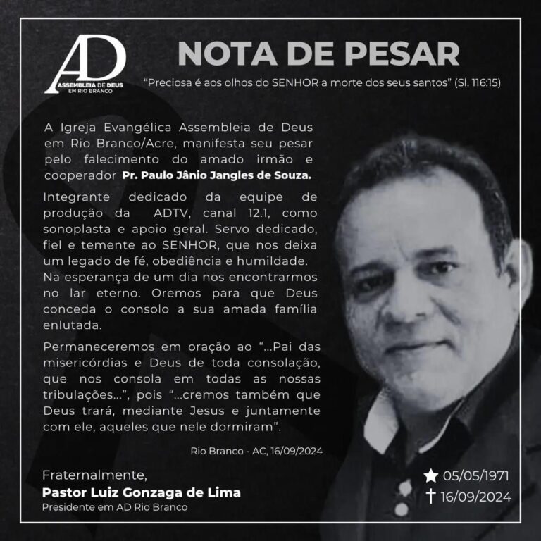 Morre pastor Paulo Jânio, da Assembleia de Deus em Rio Branco; igreja emite nota de pesar