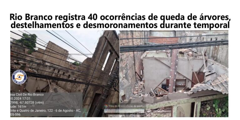 Mais de 40 ocorrências de queda de árvores, destelhamento e desmoronamento foram registradas durante temporal em Rio Branco