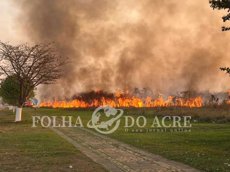 Incêndio atinge margens da Avenida Amadeo Barbosa, em Rio Branco; bombeiros controlam as chamas